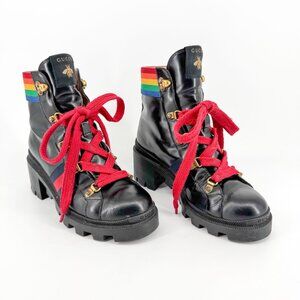 Gucci Trip Rainbow Combat Boots EU 37.5 US 7.5 Black Leather Lace Up Moto Stripe